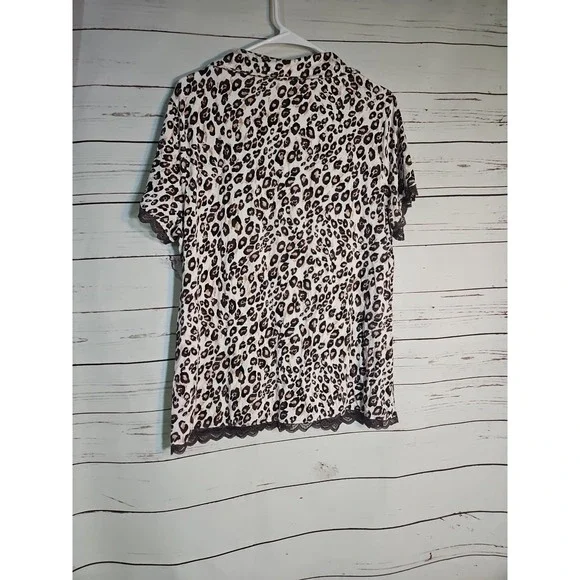 Soma Brown Animal Print Pajama Top Short Sleeve Lace Trim SZ M - Picture 2 of 7